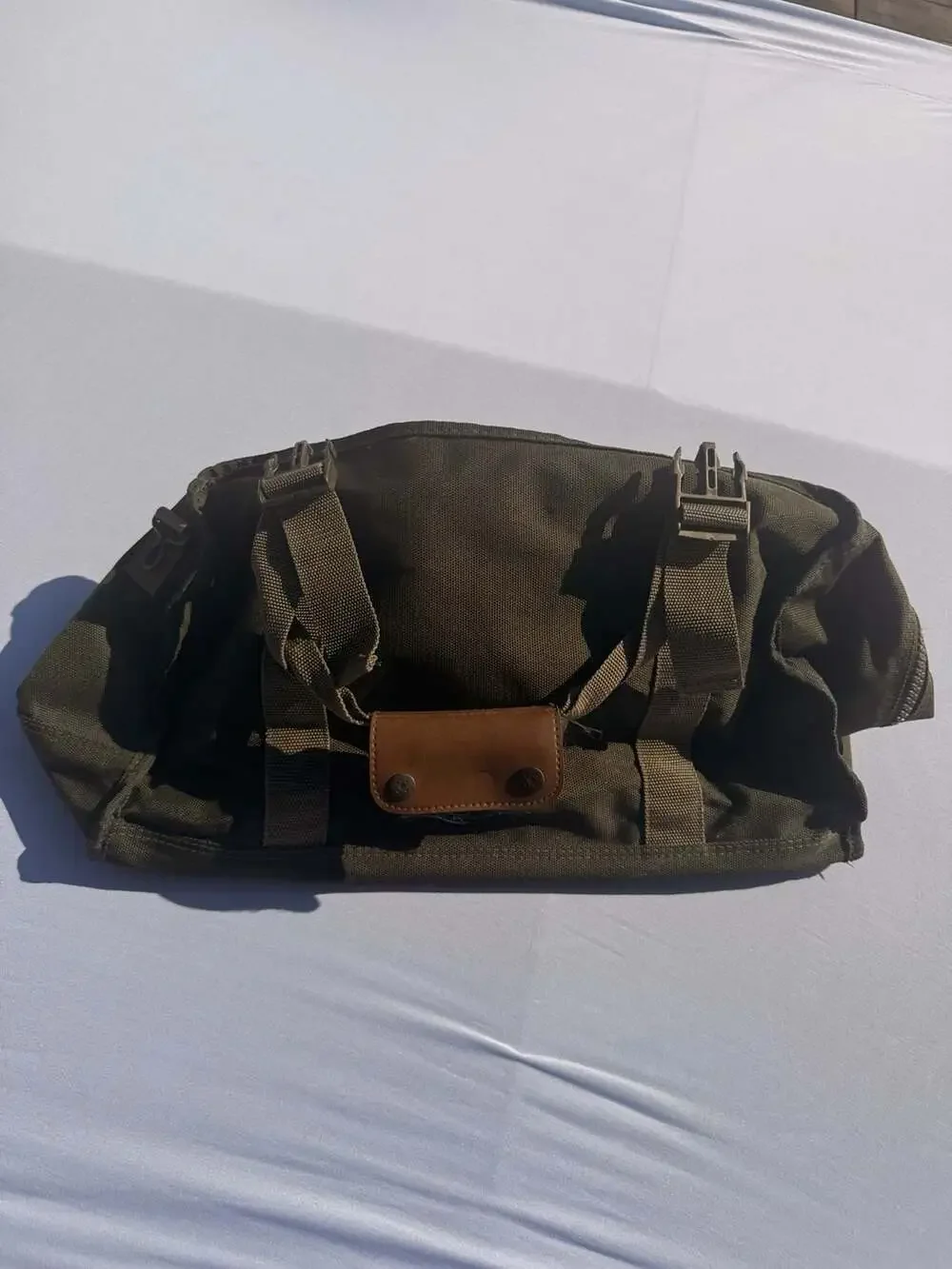 Adolfo Green Canvas Duffle Travel Bag with Plaid Lining and Leather Trim